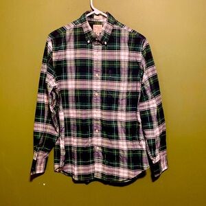 J. Crew Men’s Broken-In Oxford Shirt Green Blue White Plaid Medium Classic Fit